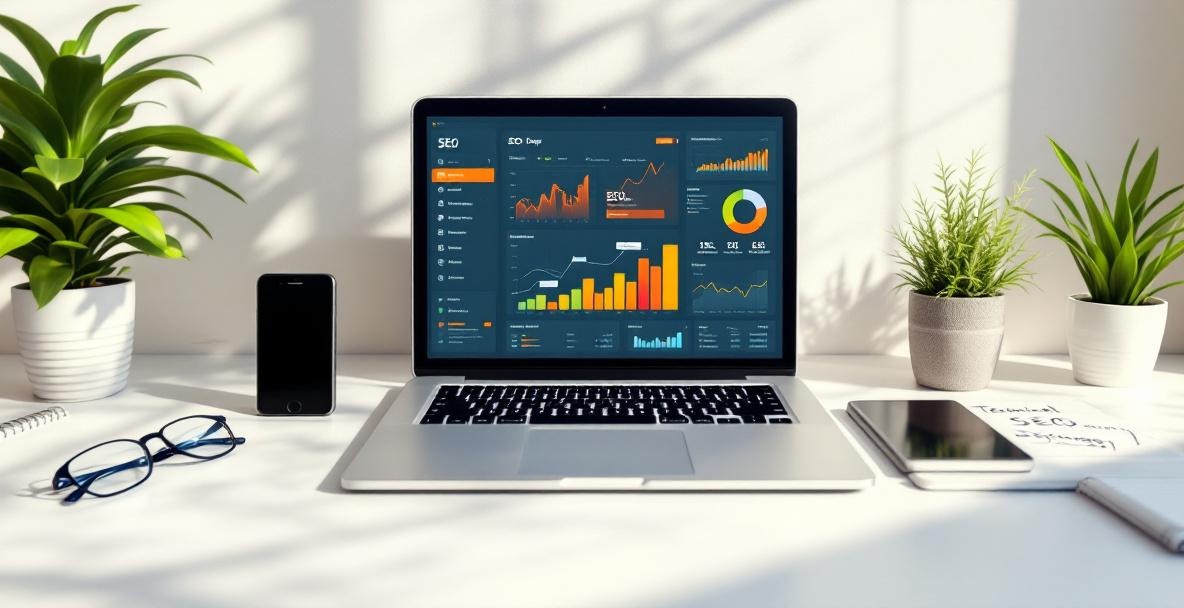 Minimalist office workspace with laptop showing SEO analytics and tech gadgets.