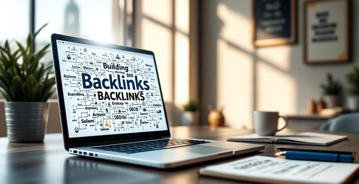 Laptop displaying network of websites, notepad with SEO strategies, in a modern office setting.