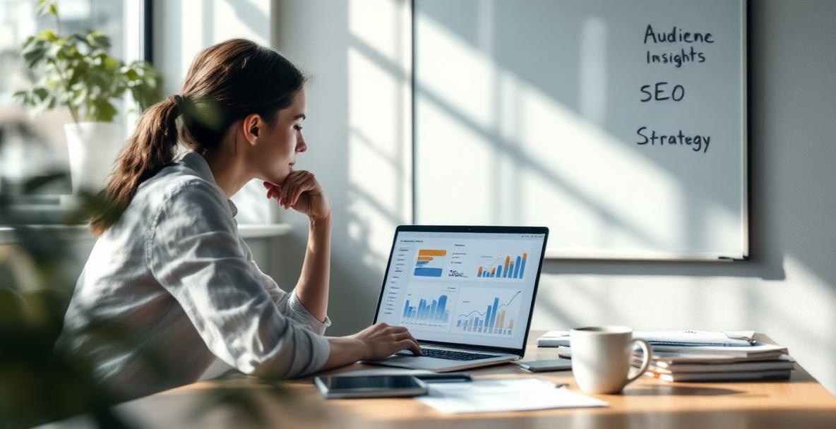 Marketing strategist reviewing data and audience insights on a laptop in a bright office.