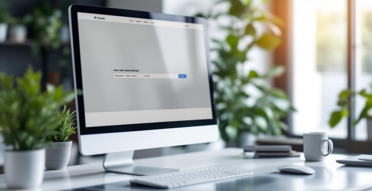 Modern office with computer screen showing minimalistic, user-friendly website design.