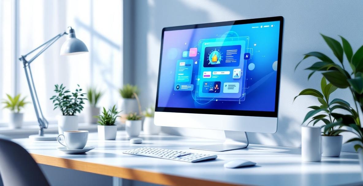 Modern workspace with a monitor showing an interactive website, keyboard, and plants.