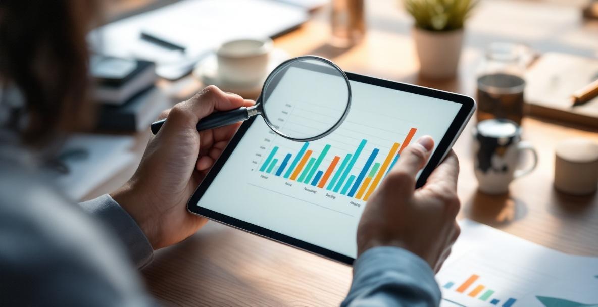 Business professional analyzes a bar graph on a tablet showing audience engagement metrics with a magnifying glass.