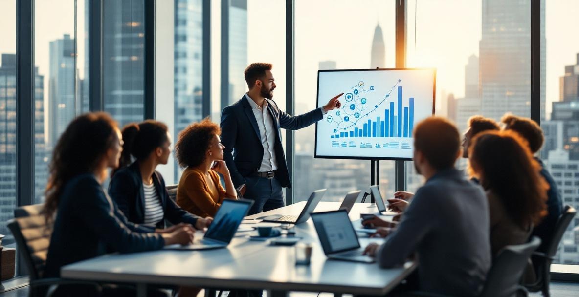 Diverse professionals discussing social media metrics in a modern office.