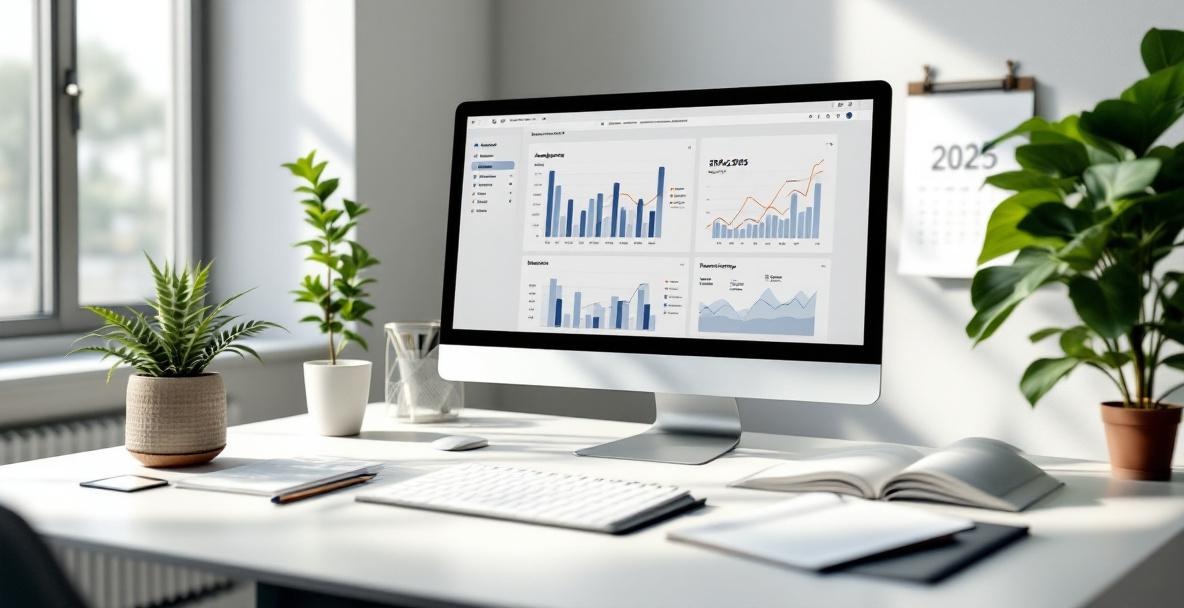 Office workspace with a computer showing analytics, notebook, pen, potted plant, and 2025 calendar.