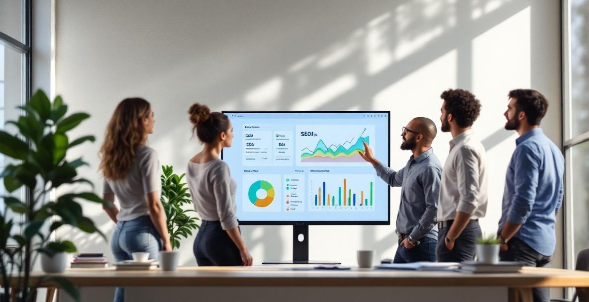 Three professionals discuss SEO metrics on a monitor in a modern office.