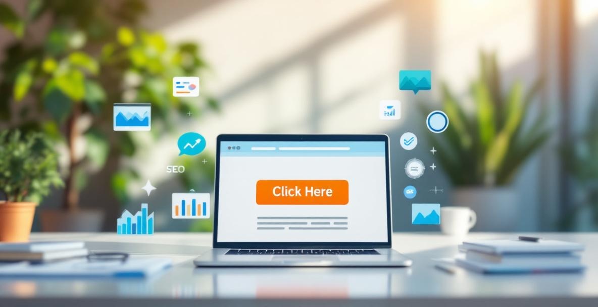 Laptop with 'Click Here' button, surrounded by SEO and analytics icons, illustrating digital marketing CTR.
