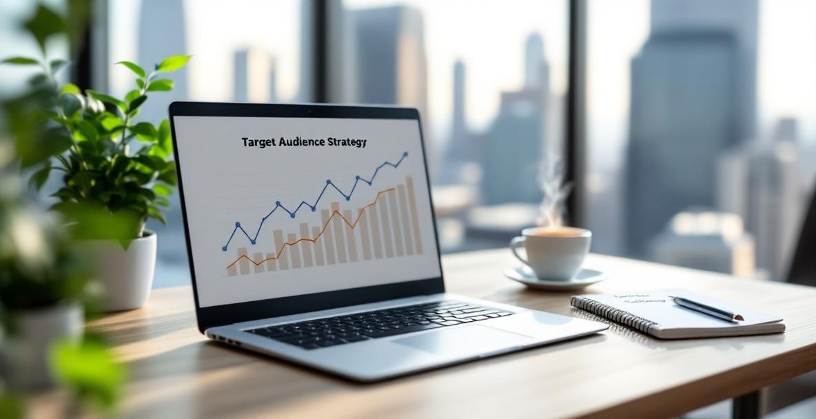 Professional workspace with a laptop showing search ranking graph, notepad, coffee, and cityscape view.