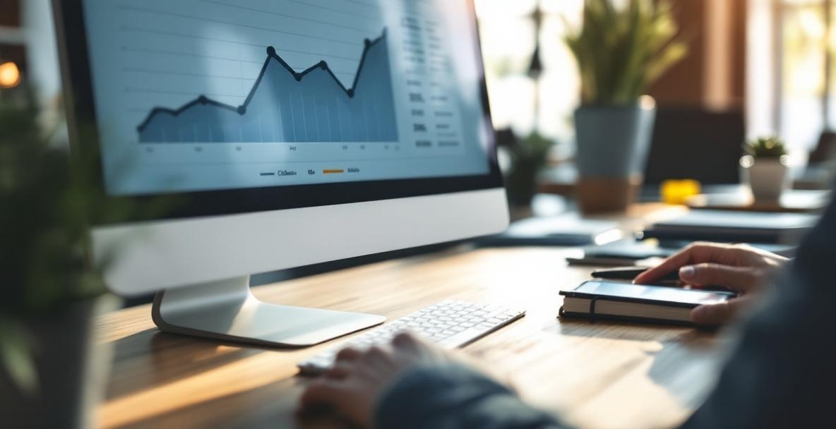 Desk with computer showing analytics dashboard and upward CTR trend graph.