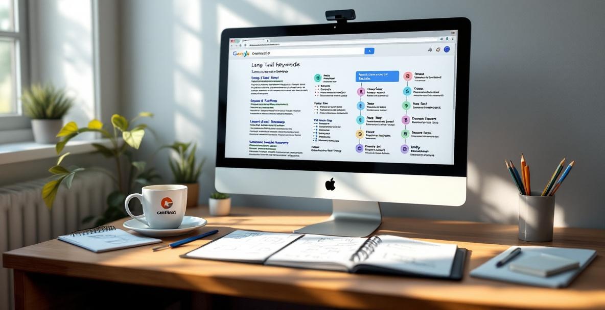 Workspace with computer showing long-tail keywords and notes on a desk.