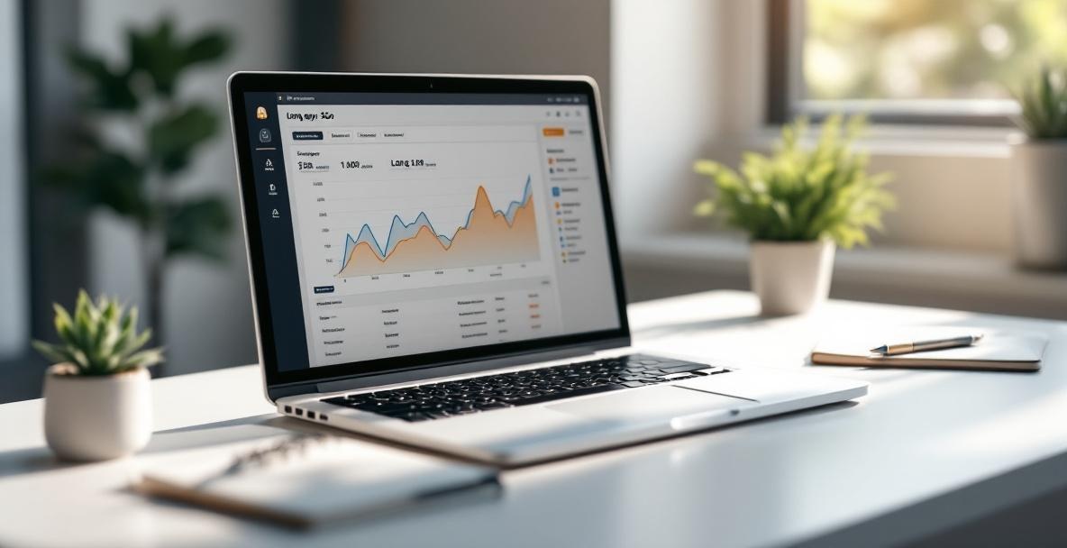 Laptop with analytics dashboard on modern desk showing long-tail keywords and rising trend graph.