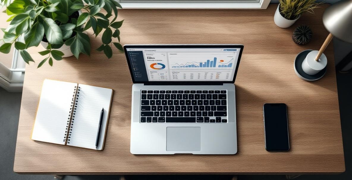 Top-down view of a tidy office desk with laptop showing an analytics dashboard, surrounded by work essentials.