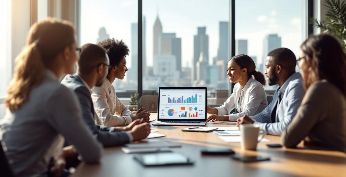 Professionals in a modern office analyzing keyword data on a laptop.