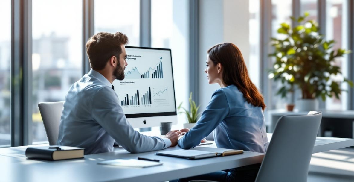 Business professional analyzing charts at a desk in a modern office, showcasing successful keyword strategies.