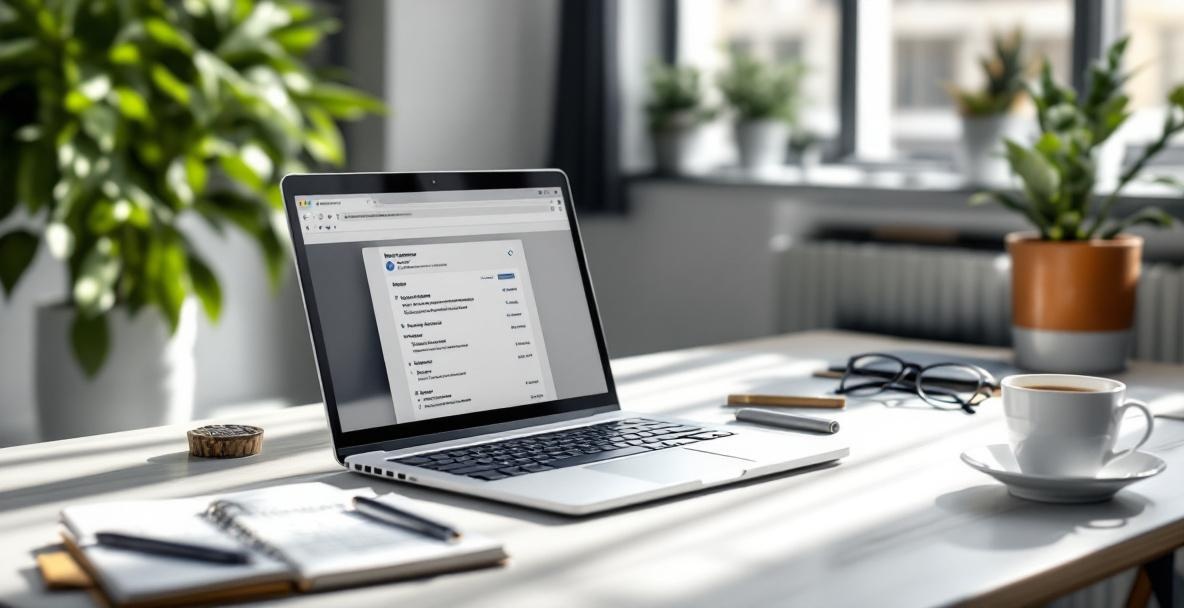Laptop on desk showing a keyword research tool, surrounded by notes, coffee, and glasses in an office setting.