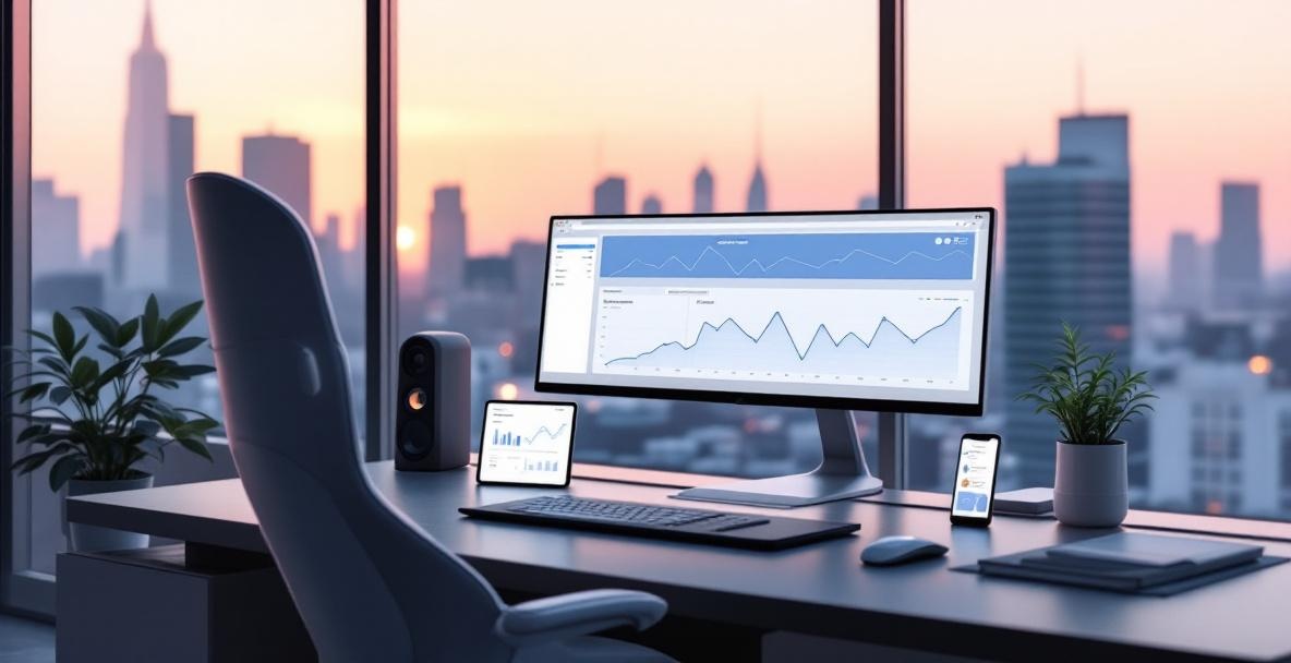 Futuristic workspace for keyword research in 2025 with tech devices and a city view.