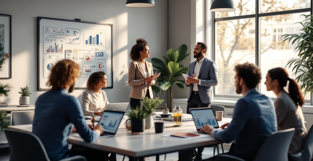 Diverse business team collaborates on SEO strategies in a modern office setting.