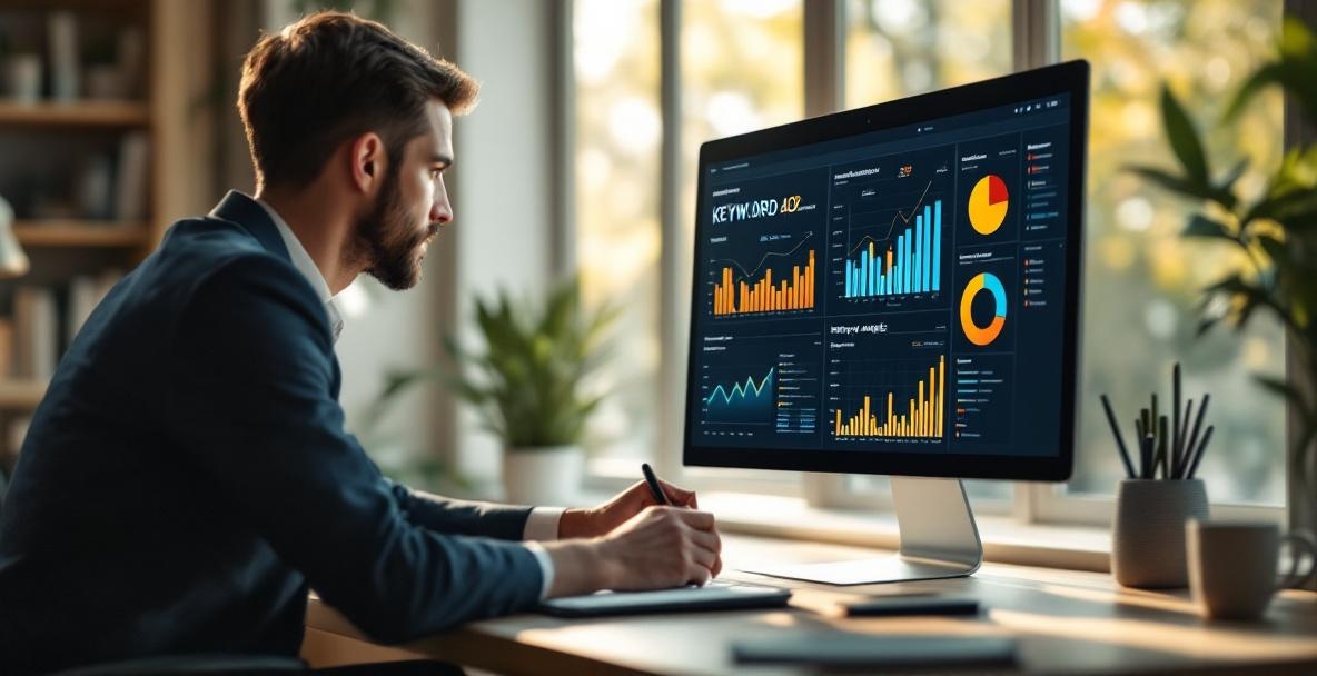 Professional examining keyword analysis dashboard in a modern office.
