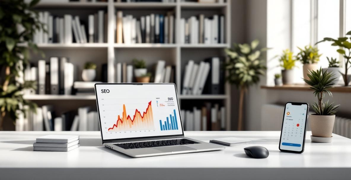 Modern workspace with laptop showing SEO analytics, smartphone with calendar, business cards, and potted plant.