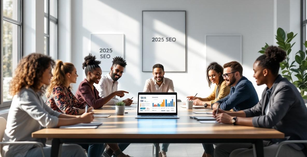 Diverse professionals gather around a laptop displaying SEO analytics in a modern office.