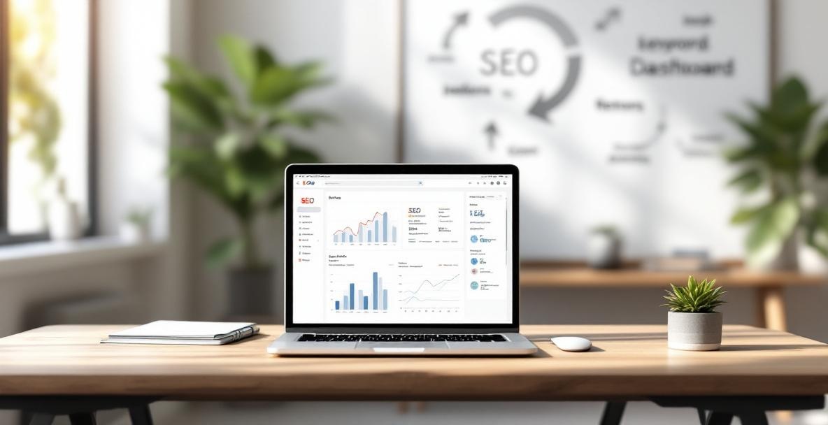 Modern office with laptop showing SEO dashboard on a wooden desk.