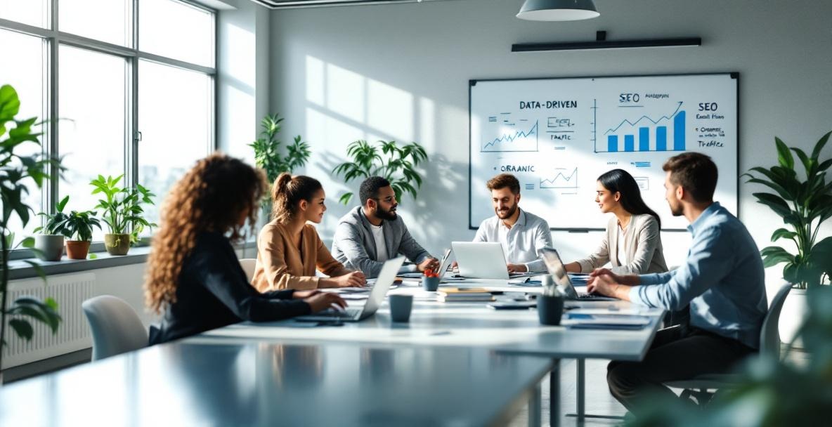 Diverse team collaborating on SEO strategy with laptops and whiteboard in a modern office.