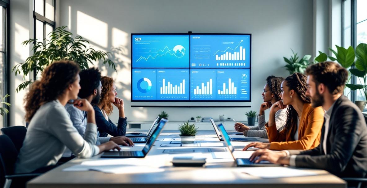 Diverse professionals analyze SEO data at a conference table with laptops and charts in a modern office.