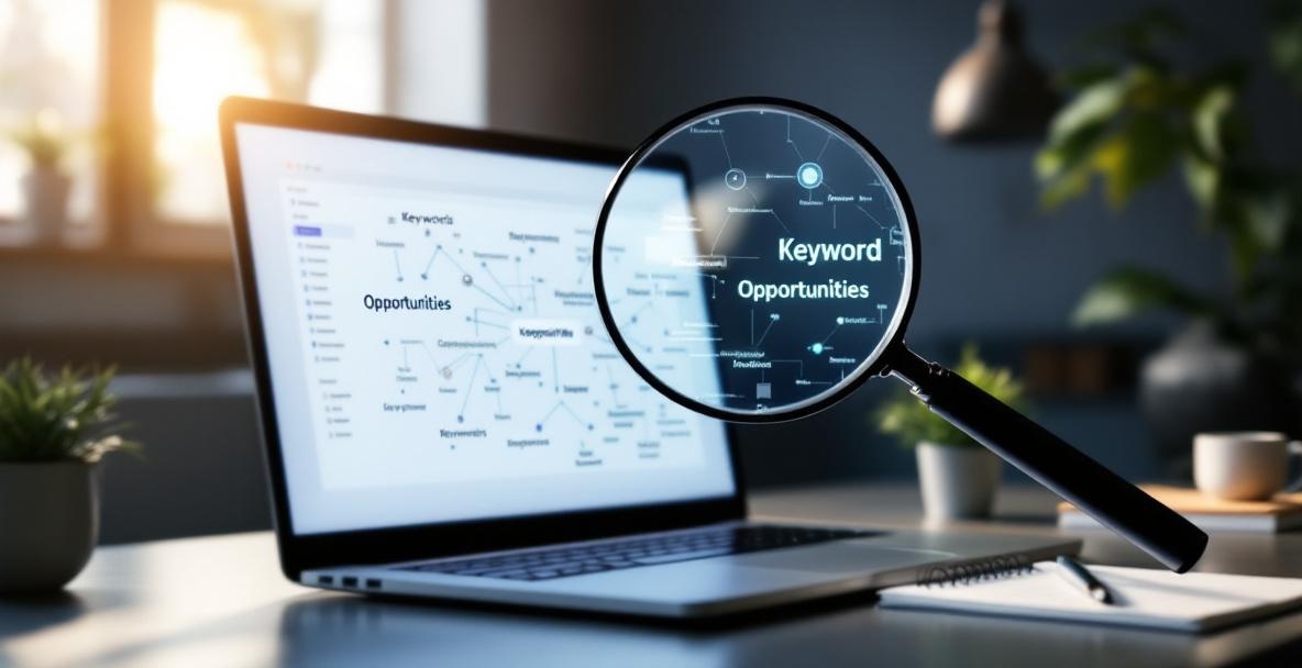 Magnifying glass over digital keyword map on laptop screen highlighting 'Opportunities' in a professional setting.