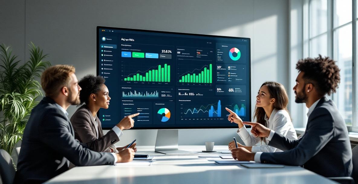Modern office with professionals analyzing keyword data on a large monitor.