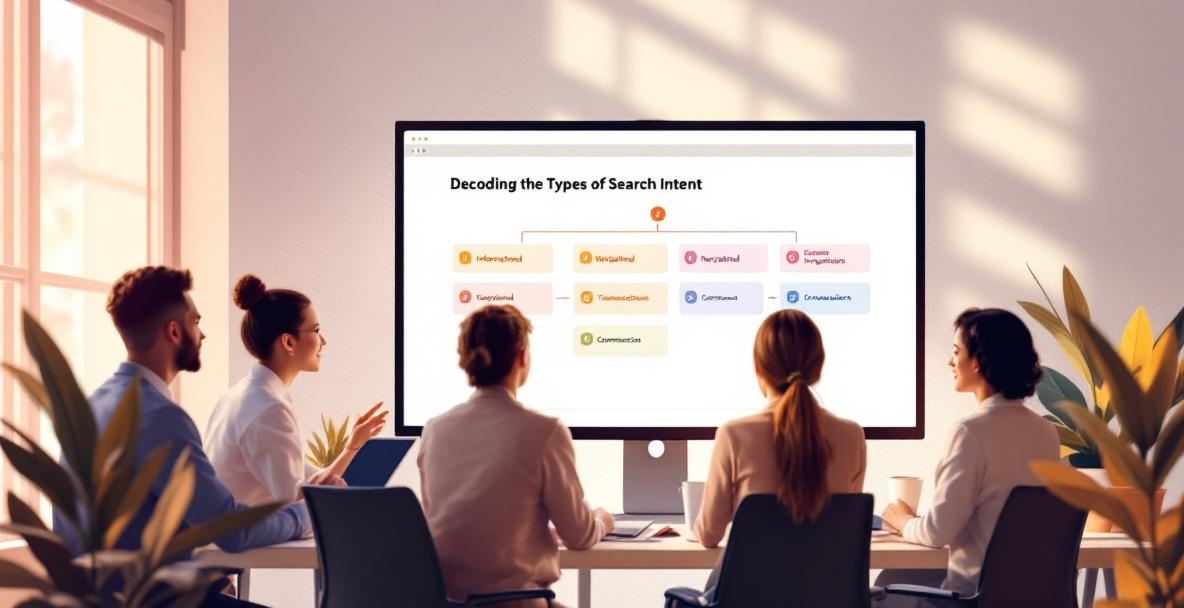 Professionals discuss a monitor displaying a flowchart on types of search intent in a modern office.