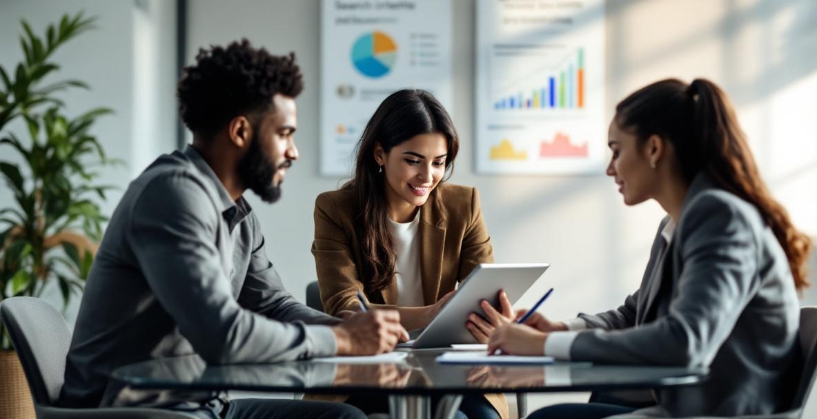 Diverse professionals in an office focusing on search intent and keyword planning.