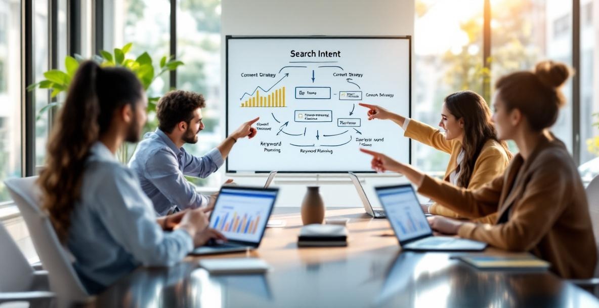 Diverse professionals in a modern office discussing search rankings and strategies.